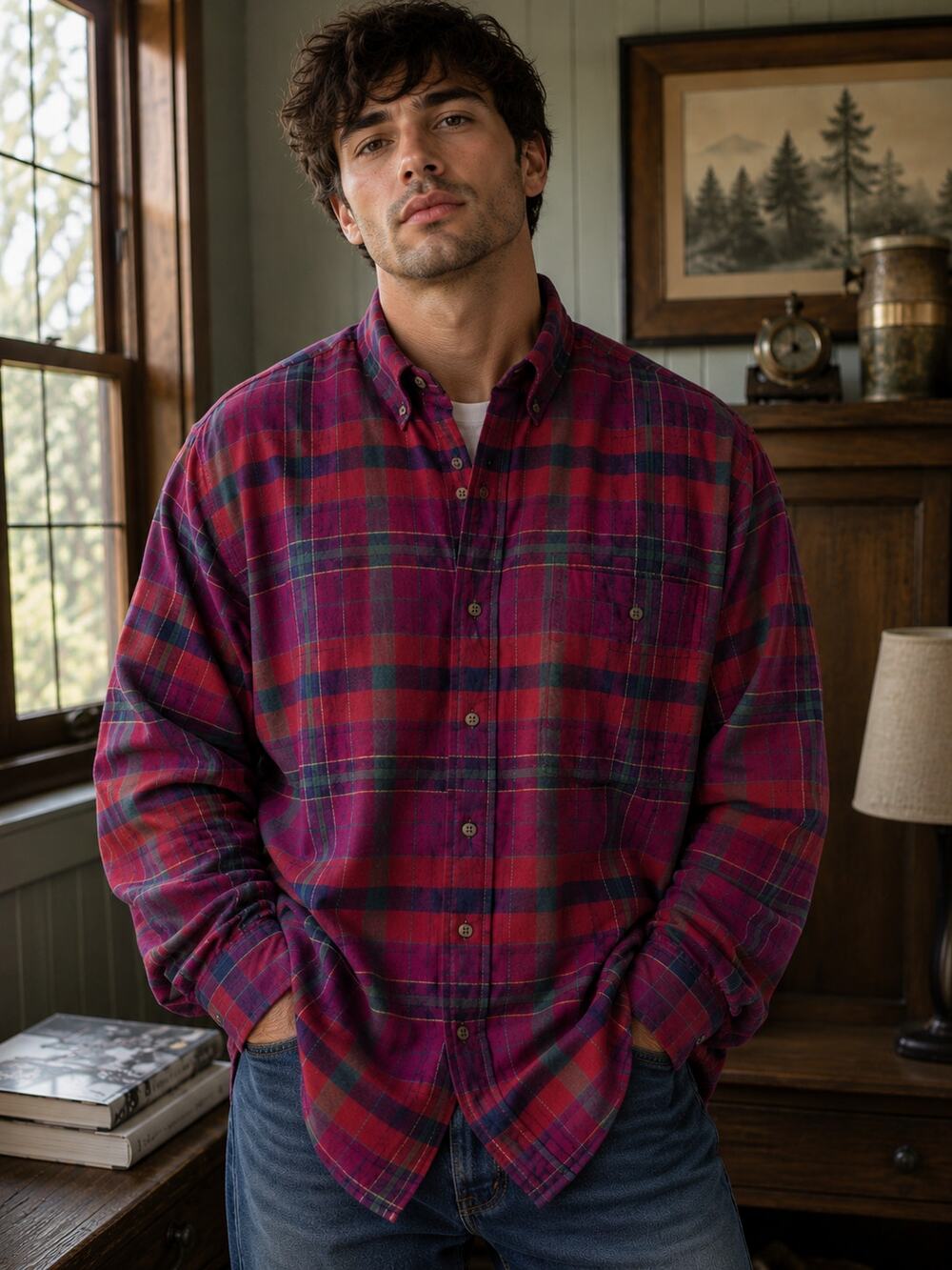 VTG LOBO by Pendleton SZ XL Cotton Wool Flannel Shirt Red Purple Blue Green